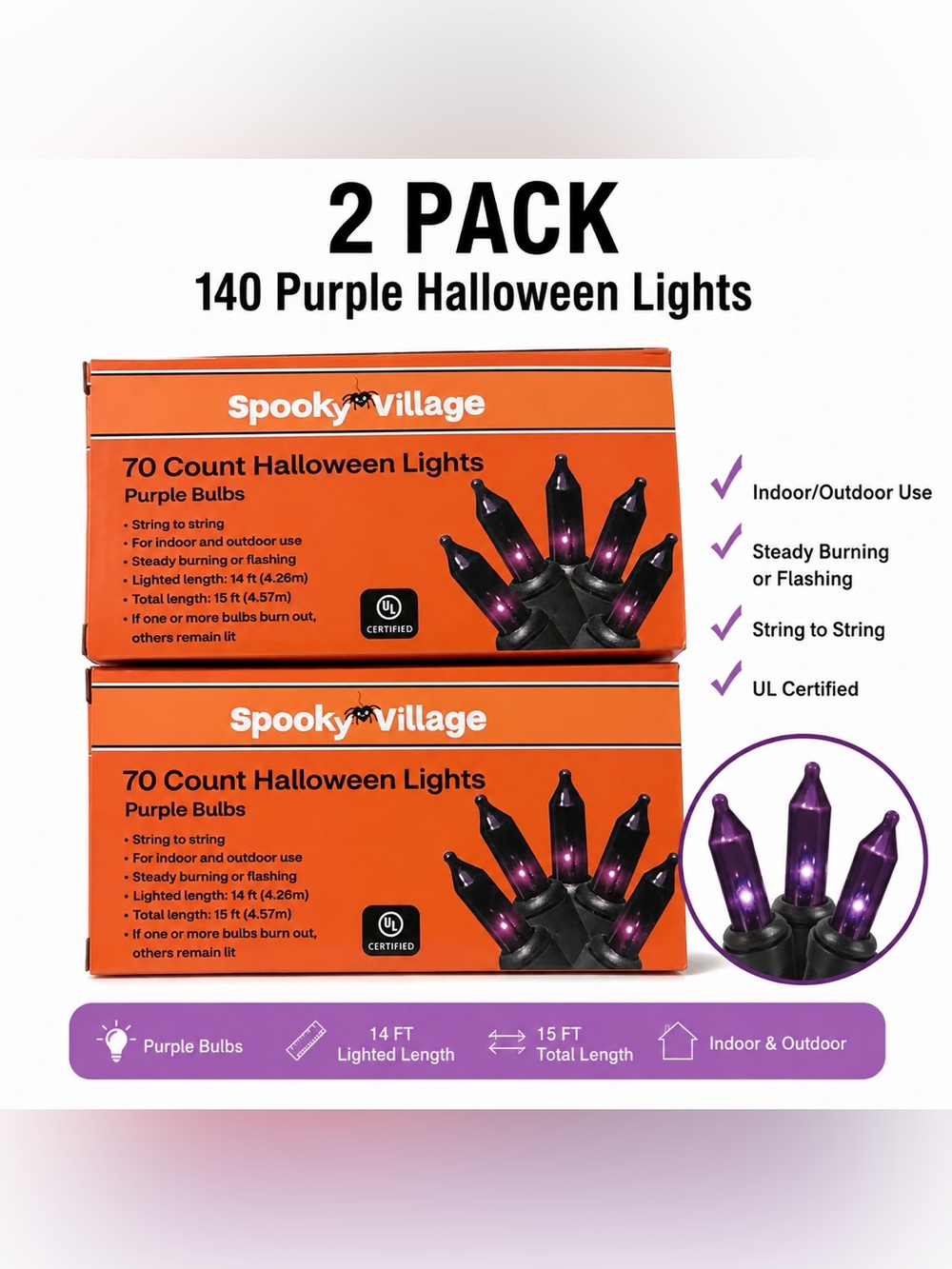 Spooky Village Purple Halloween String Lights 70 Count Set of 2 NIB
